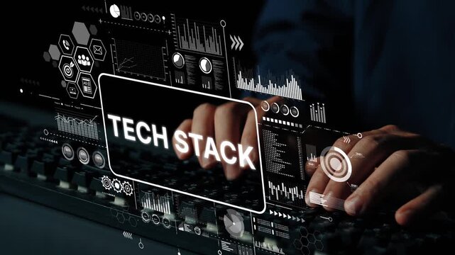 Hands on Keyboard with Digital Tech Stack Visualization for Modern Software Development and Innovation Concepts. Asymptotic smart data analytic.
