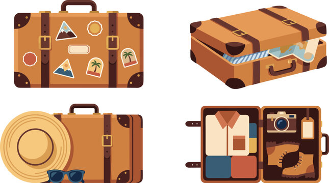 Vintage Travel Suitcase Vector Icon Set Featuring Leather Luggage Bag Pack with Travel Stickers Straw Hat Camera and Packed Clothes