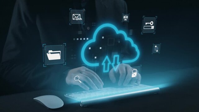 A professional captures the essence of cloud computing with hands typing on a backlit keyboard. Digital icons and cloud symbols illustrate modern data transfer and storage. Qubit