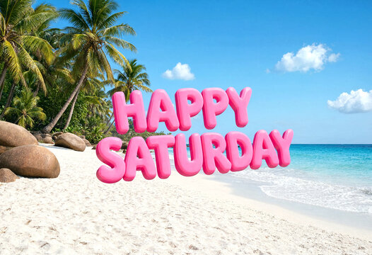 Bright pink happy saturday text on a beautiful tropical beach with palm trees and ocean waves