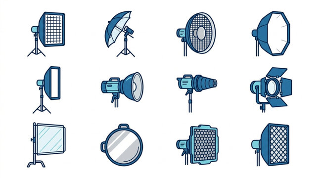 Collection of Professional Photography Lighting Equipment Icons.