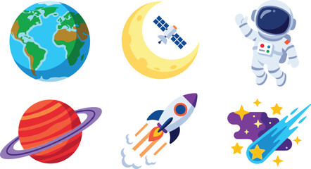 Outer Space and Astronaut Exploration Vector Icon Set Featuring Earth Saturn Rocket Ship Moon Satellite and Shooting Star Illustrations © Lal
