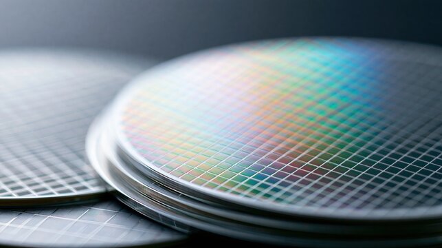 Close-up of shiny silicon semiconductor wafers with colorful light reflections, a stack of circular electronic components