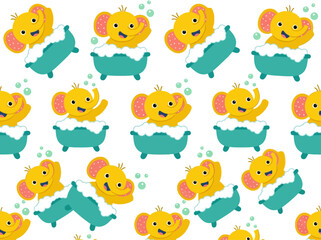 Obraz premium Seamless Pattern of Cute Yellow Baby Elephants Taking a Bubble Bath