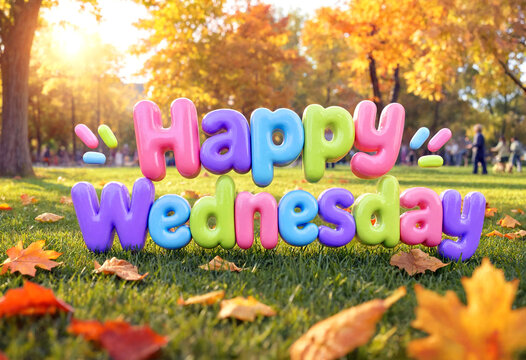 Colorful happy wednesday text on grass with autumn leaves and park background scene