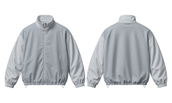 Tracksuit design featuring light grey windbreaker jacket front and back view mockups