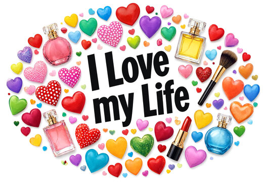 Colorful hearts and beauty products forming i love my life text surrounded by perfumes
