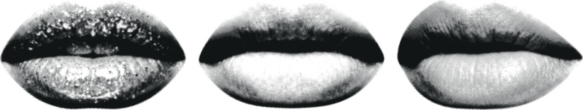 Three pairs of lips with a halftone pattern during a studio lighting setup conveying emotion and style