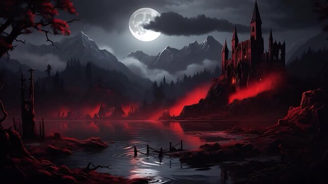 Eerie Castle in the Moonlight: A foreboding castle shrouded in mist stands silhouetted against a full moon, with an ominous red glow emanating from its base, reflected in the dark, still water.