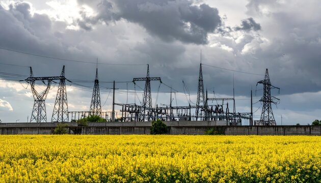 High Voltage Electric Power Transmission Lines and Steel Pylons Across Agricultural Fields Under Blue Summer Sky