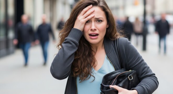 Stressed Young Woman Panicking After Realizing Her Wallet or Phone is Missing from Her Bag on a Busy City Street