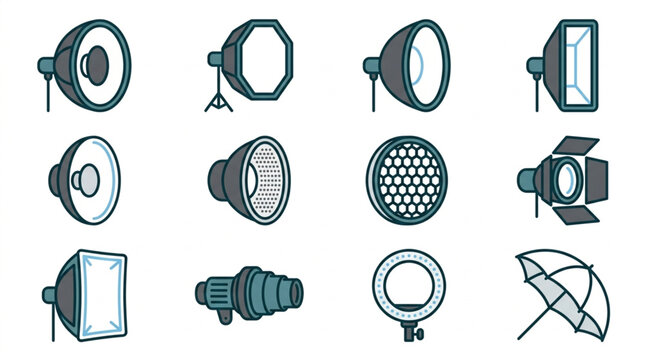 Collection of Photography Lighting Equipment Icons.