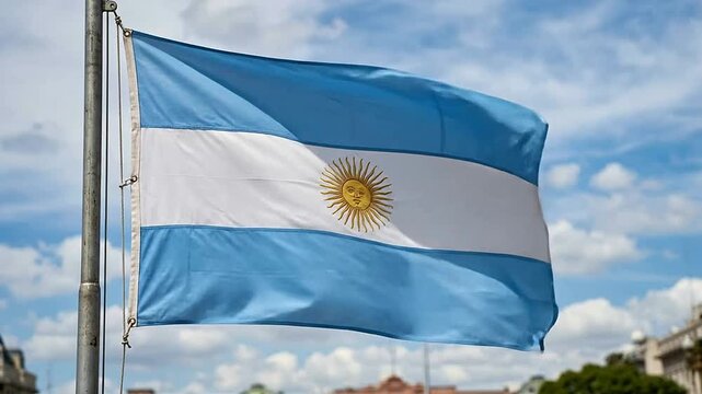 Argentinian Flag Flapping in the Wind Against Blue Sky
