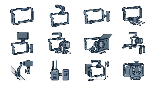 Collection of various camera rigs and equipment illustrations.