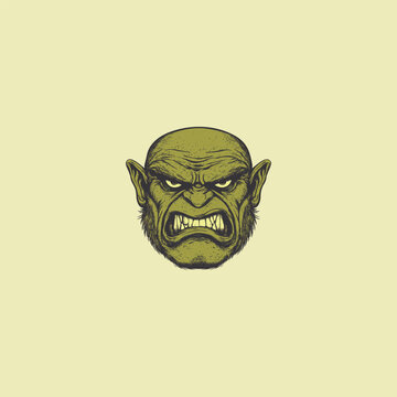 hand-drawn illustration of an angry orc head featuring sharp tusks, pointed ears, and an intense expression