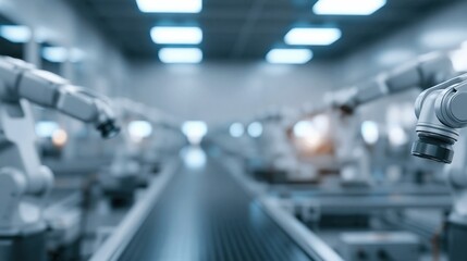 Fototapeta premium Automated Industrial Robotic Arms on a Conveyor Belt in a Modern Manufacturing Facility