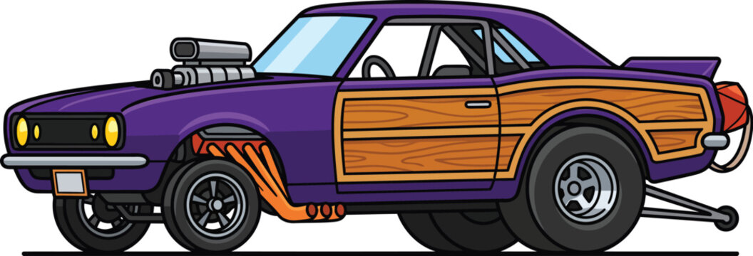 Purple classic muscle car dragster with wood panels and exposed engine vector illustration