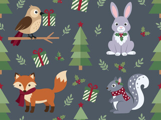 Fototapeta premium Cute Christmas Seamless Pattern with Forest Animals, Fox, Bunny, Squirrel, Bird, Trees and Gifts