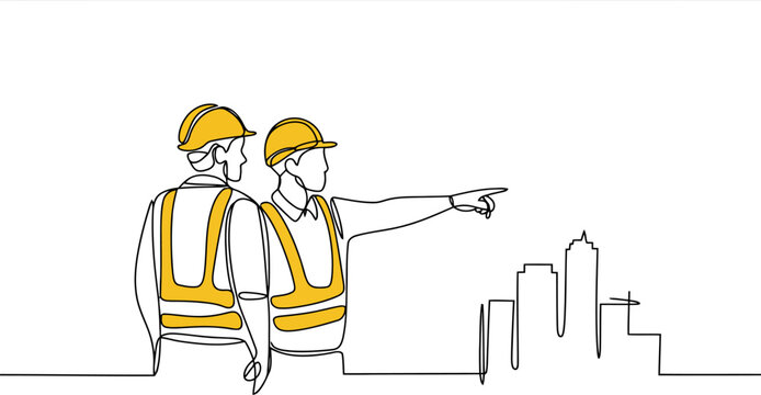 Two Construction Workers in Yellow Vests and Hard Hats Pointing Towards a Transparent Background