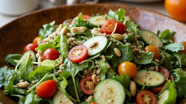 Vibrant, fresh garden salad with mixed greens, cherry tomatoes, and cucumber in a wooden bowl.