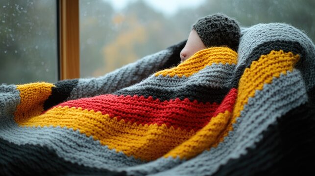 Cozy person wrapped in German flag colors blanket looking out rainy window, feeling warm and safe indoors.