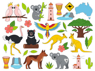 Obraz premium Australian Wildlife and Landmarks Cartoon Vector Icon Set