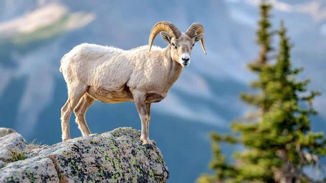 Majestic bighorn ram stands proudly on a rocky mountain peak, overlooking a vast wilderness.