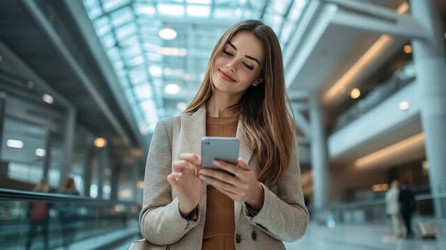 Smiling young woman using smartphone in a modern, bright indoor setting.