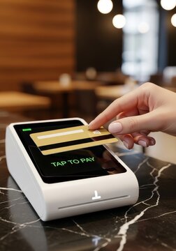 Close-up of a Woman's Hand Making a Contactless Payment with a Gold Credit Card at a Modern Cafe Terminal