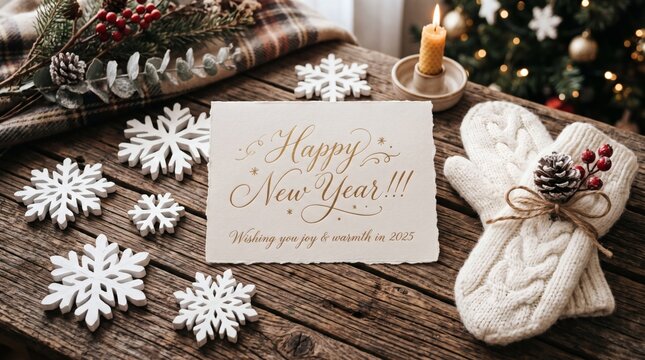 Happy New Year card with snowflakes and mittens on a wooden table.