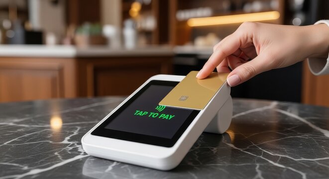 Close-up of a woman's hand using a gold credit card for a contactless tap-to-pay transaction at a modern retail terminal.
