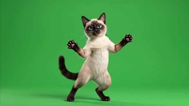 Siamese Cat Dancing Happily on Hind Legs Isolated on Green Screen Chroma Key Background
