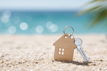 Obraz premium House Shaped Keychain and Key Resting on Sandy Beach with Blurred Ocean Background and Palm Frond Shadow