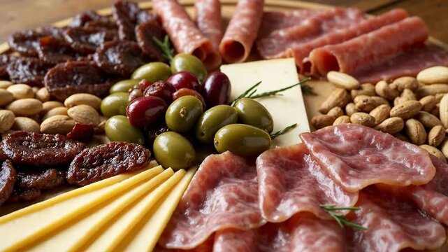 Delicious charcuterie board with cured meats, cheeses, olives, nuts, and dried fruit.