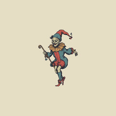 Fototapeta premium Vintage Line Art Illustration of a Medieval Jester Holding a Staff