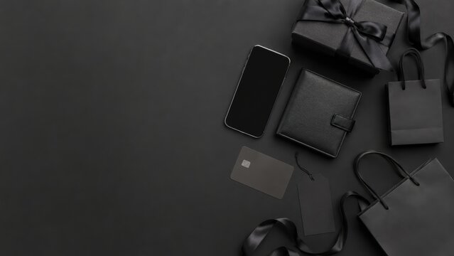  sleek flat lay of black-themed items including a smartphone, wallet, credit card, gift box, and shopping bags on a black background.