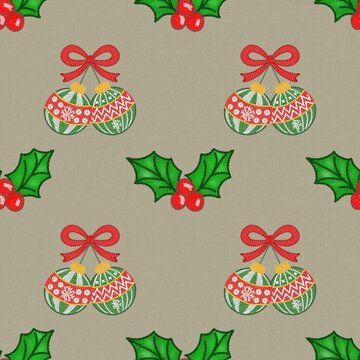 Christmas seamless pattern with embroidered ornaments and holly berries on fabric background