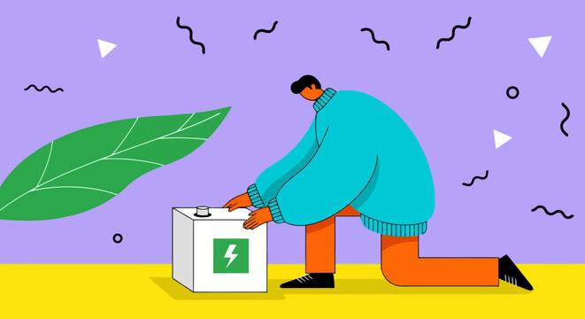 Man kneeling by green energy battery box flat illustration background.