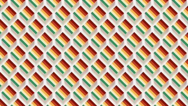 Seamless festive stripe tile pattern, diagonal red orange green squares, warm color mix