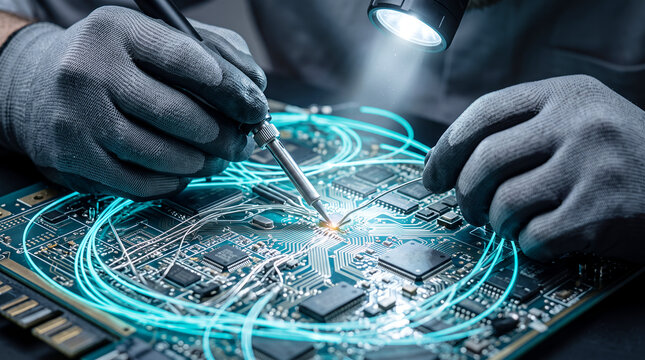 Close-up of gloved hands soldering a complex circuit board with glowing cyan fiber optic cables and bright led spotlight illumination