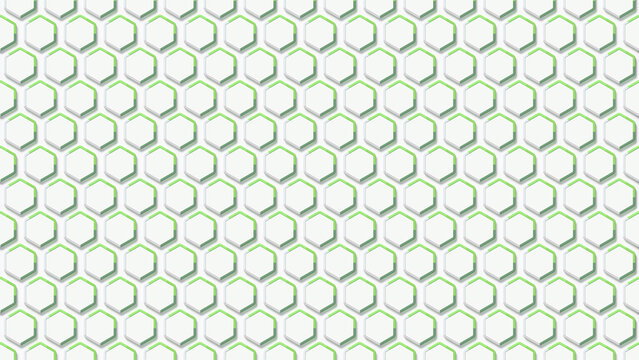 Minimal honeycomb hexagon grid, white relief cells, green accent borders, seamless geometric pattern