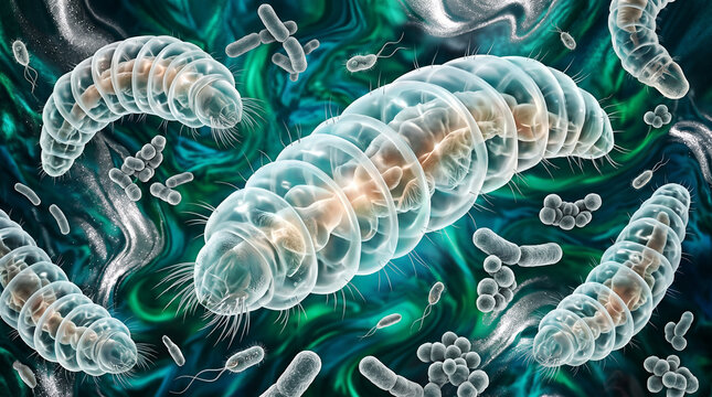 Microscopic view of translucent aquatic larvae with visible cilia and segmented bodies, floating in a dark teal and green fluid environment