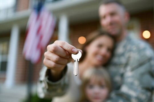 Proud military family holding keys to new home with American flag displayed proudly