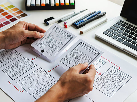 Top down view of a designer's hands arranging website wireframes and app prototypes on a white desk with a laptop and markers