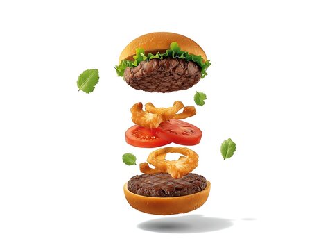 Exploded View of a Delicious Burger with Flying Ingredients on White Background.