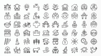 Fototapeta premium A comprehensive set of line icons representing various aspects of social issues, community development, charity, sustainability, and global welfare initiatives.