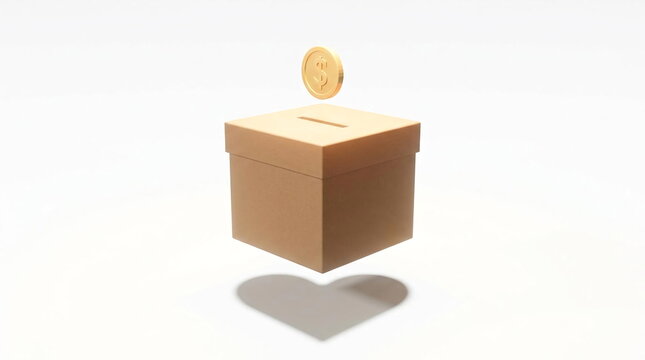 Gold coin falling into cardboard donation box.