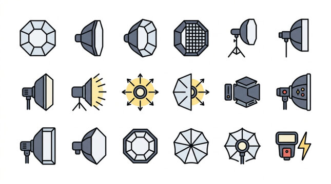 Collection of various photography lighting equipment icons.