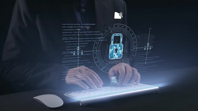 This image captures the essence of cybersecurity with a futuristic virtual lock and data protection concepts, illustrating hands typing on a keyboard in a dark environment. Qubit