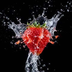 Fresh strawberry bursting in water splash. Ripe red berry exploding with juicy droplets for vibrant summer visuals. © Surya